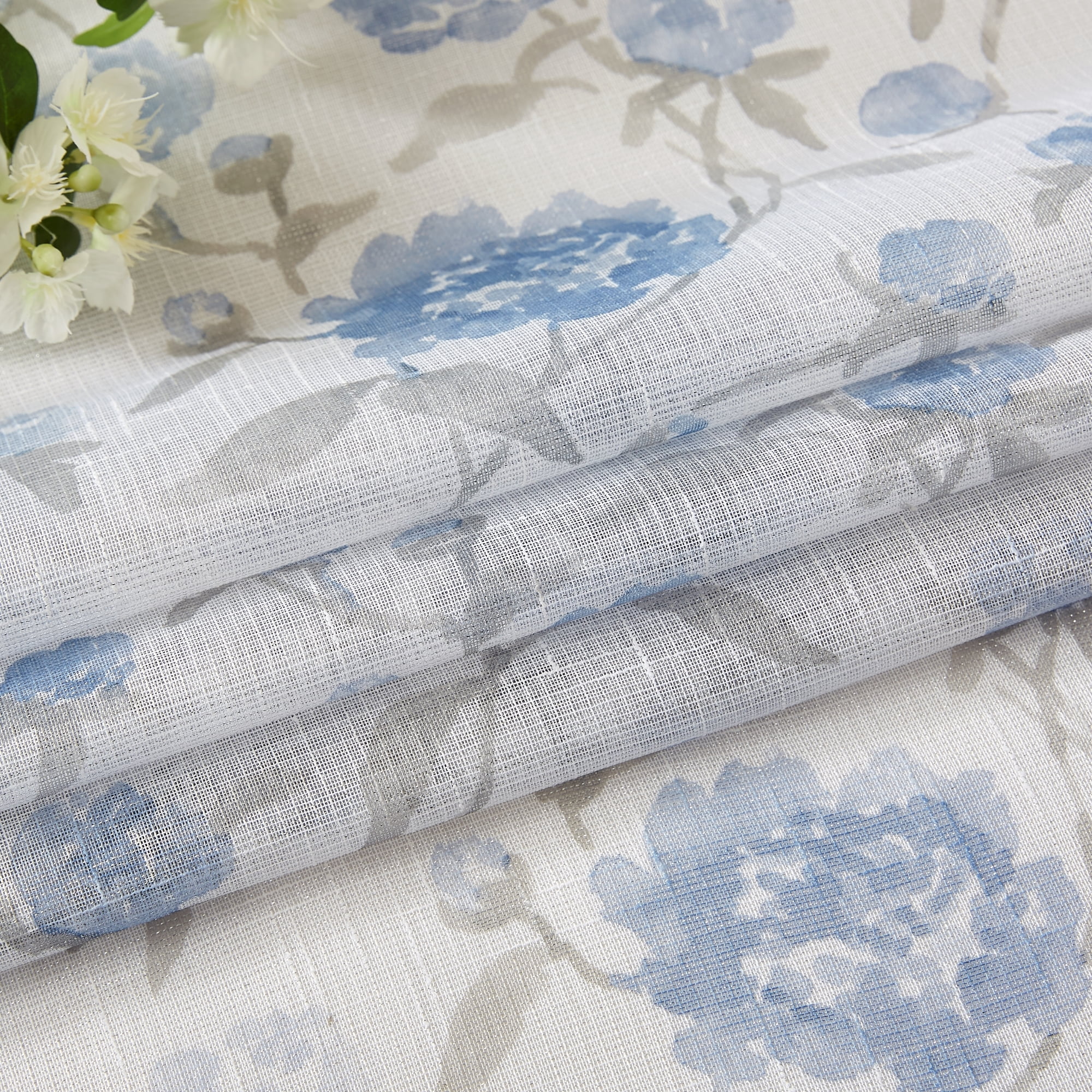 Bohogeo Blue Floral Leaf Print Poly Sheer Curtains with Linen Texture,2 Panels,84 inches in Length,Light-Filtering Privacy-Friendly Window Drapes with Rod Pocket for Living Room Decor,52W x 84L