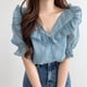 thumbnail image 4 of Top de verano para mujer, estilo con volantes, cuello en V, manga corta abombada, camisa informal elegante y transpirable para mujer, para fiesta, oficina y viaje, 4 of 8