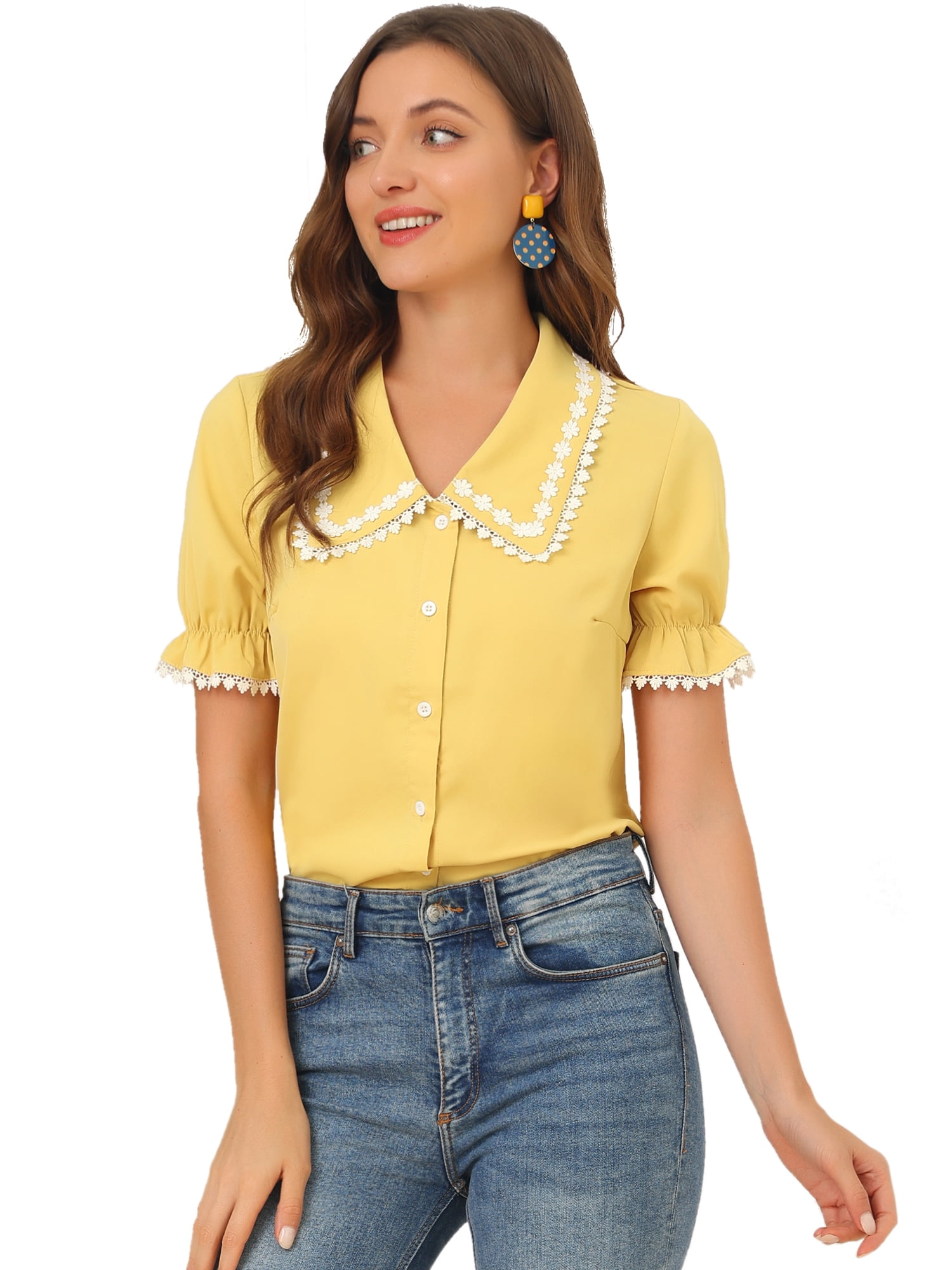 Unique Bargains Women's Sweet Peter Pan Contrast Collar Short Sleeves Blouse Yellow XL