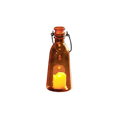 Latigo Handle Light - Roman Lights LED Candle in an Amber Glass Bottle with Cap and Wire Handle with Batteries, 7.5-Inch