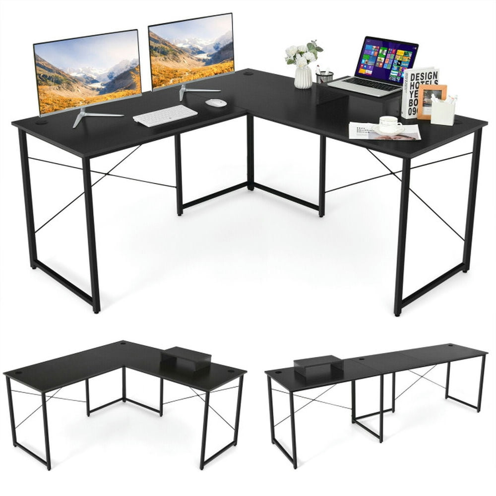 Demi Bonn 95" 2-Person L-Shaped Long Reversible Computer Desk with Monitor Stand, Small Home Office Desk Study Writing Table, Black