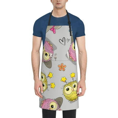 

Tebeau Cartoon Owls Print Waterproof Cooking Aprons Adjustable Bib Soft Chef Apron with 2 Pockets for Men Women