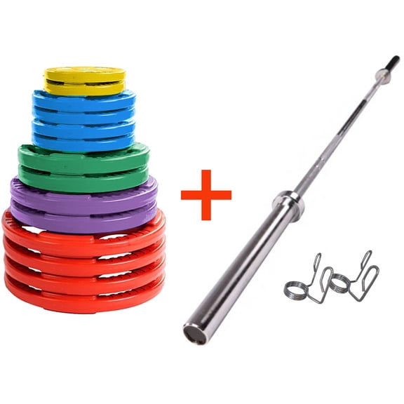French Fitness Colored Rubber Grip Weight Plate Set w/7 ft Olympic Bar 395 lbs (New)