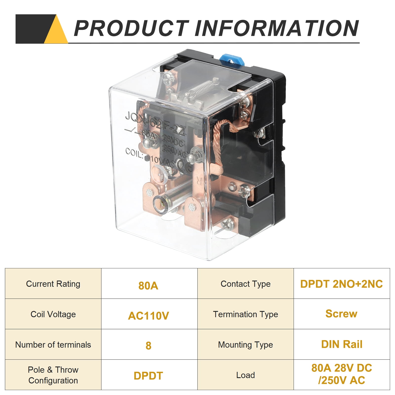 AC110V 80A Electromagnetic Relay, High Power Relay DPDT 2NO 2NC 8 Terminals Din Rail Mounting