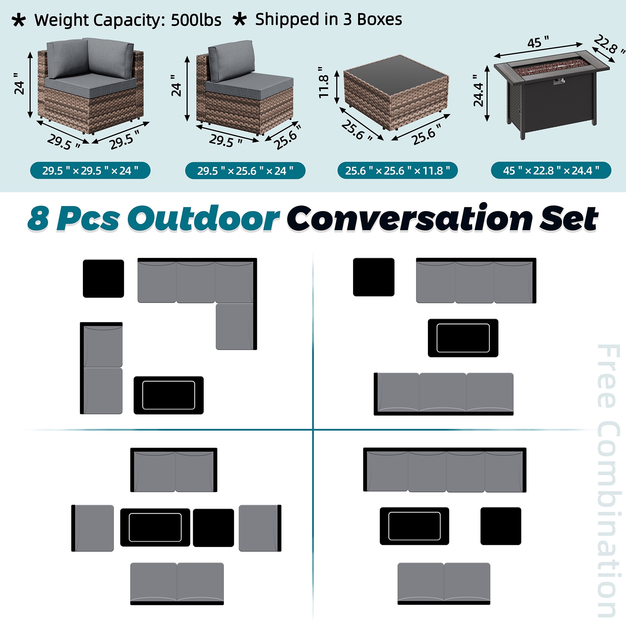 Walsunny 8 Pieces Patio Wicker Rattan Fire Pit Furniture Conversation Sets with Outdoor Sectional Sofa,45" Gas Propane Fire Pit Table,Glass Coffee Table,Brown Rattan Grey Cushion