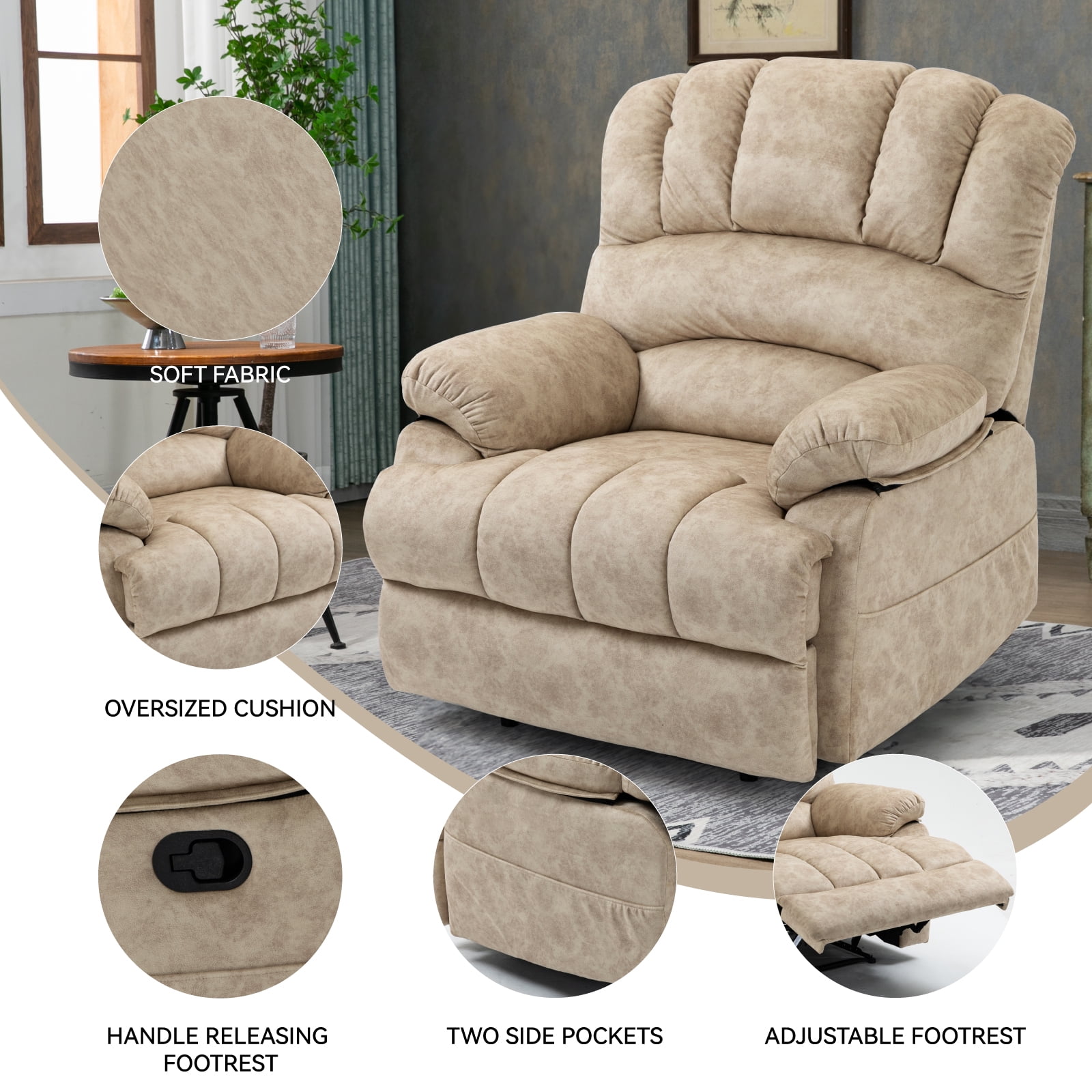 Large Manual Recliner Chair Fabric Living Room Oversized Comfortable Reclining Sofa with Pillow Top Arms Beige