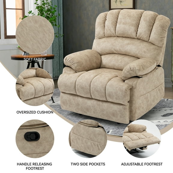 Oversized Manual Recliner Chair, Large Grey Fabric Recliner with Pillow Top Arms, Comfortable Living Room Recliner with Side Handle Control, Beige Reclining Chair for Home Theater