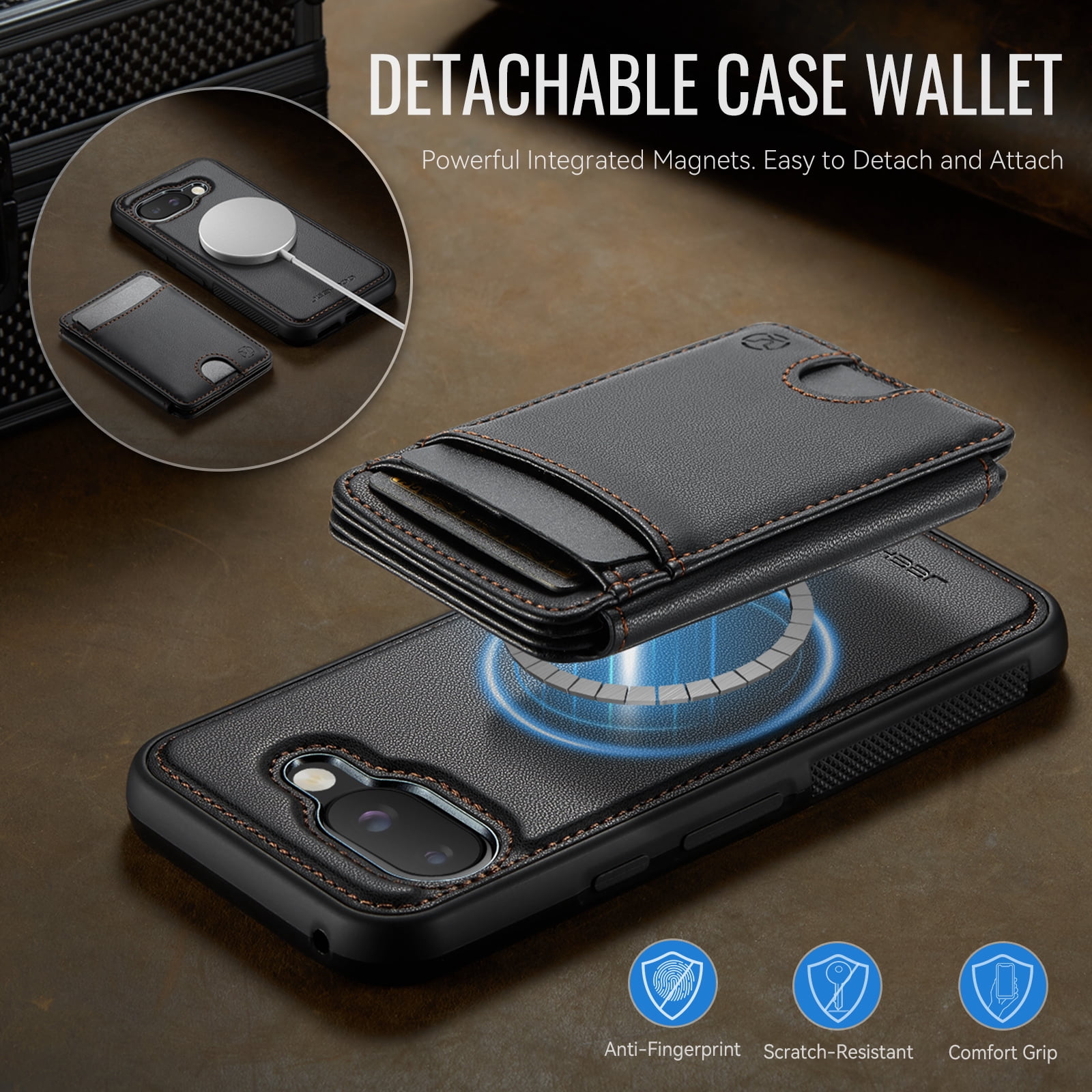 For Google Pixel 10A Phone Case,2-in-1 Magnetic Removable Flip Card Holder,Compatible With Mag-Safe,Anti-Scratch PU Leather,With Card Slots,Kickstand,Shockproof Durable Phone Case,Black