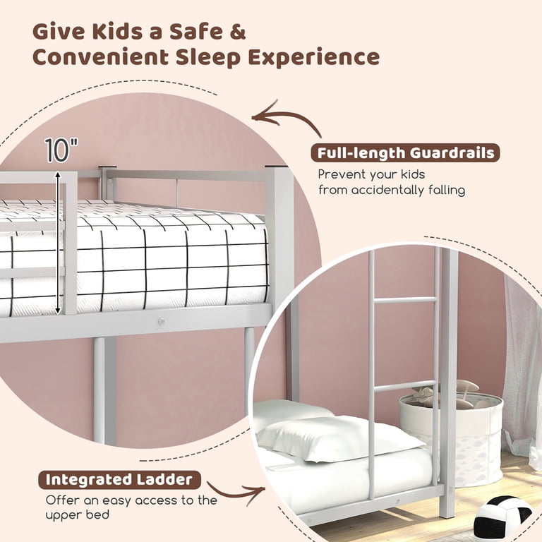 Gymax Twin Over Twin Low Metal Bunk Bed with Guardrails photo 5