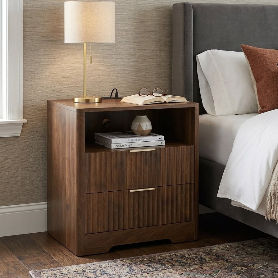 Aukfa Smart 2 Drawer Nightstand with Voice Control & Charging Station,7-Color LED Bedside Table for Bedroom,Walnut