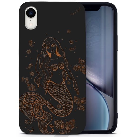 Wood phone case for iPhone XR compatible protective cell phone cover shockproof slim fit laser engraved Mermaid design Black wood case for Men & Women by CaseYard