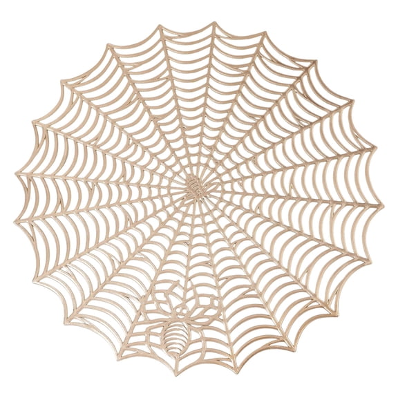 1Pc Beige Halloween Spiderweb Placemat, 14.96 Inch Round Cobweb Table Mat, Hollow Cutout Flexible Charger Mat for Gothic Table Decor