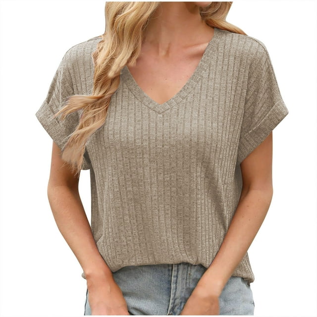 Timegard Summer Tops for Women V Neck Side Split Short Sleeve Comfy Solid Color Casual Tops Blouse