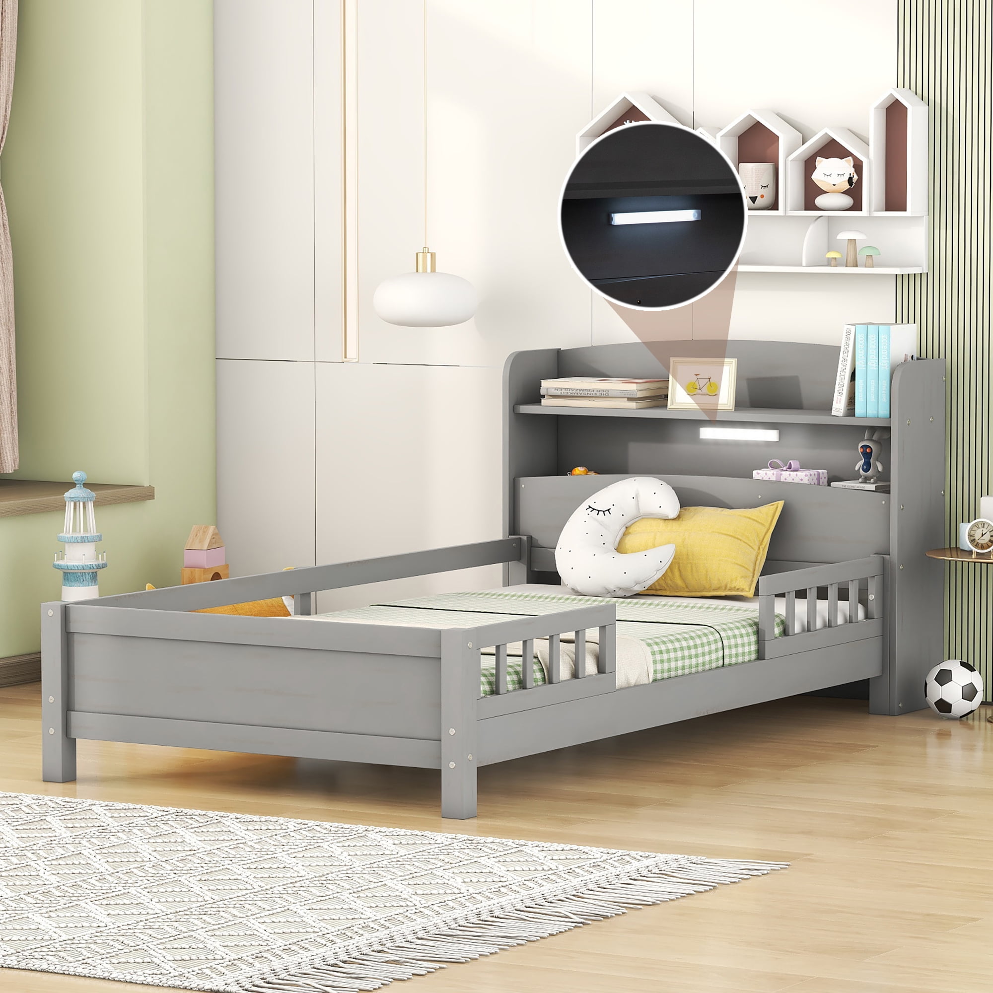 Euroco Wood Twin Size Platform Bed with Storage Headboard, Shelves and LED Light for Kids, Gray