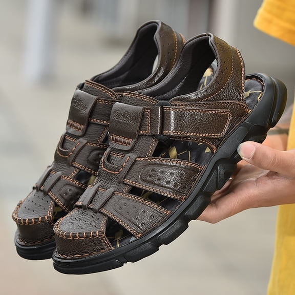 Men's Closed-Toe Leather Outdoor Sandals, Adjustable Strap Casual Hiking Sandals for Summer