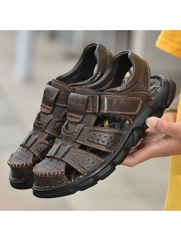 Men's Closed-Toe Leather Outdoor Sandals, Adjustable Strap Casual Hiking Sandals for Summer