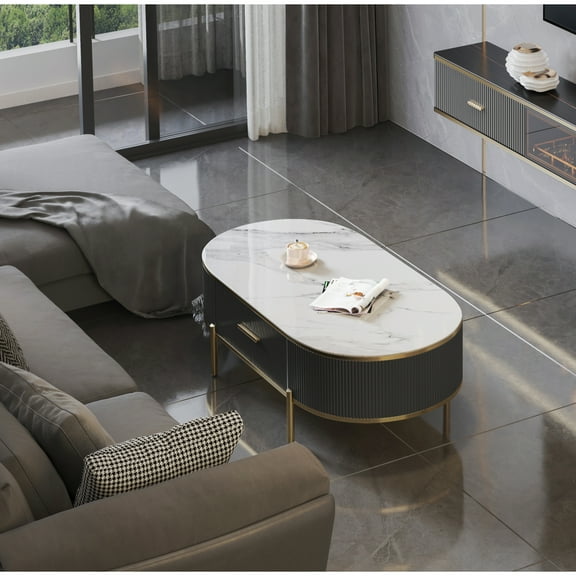 Modern Coffee Table White/Gray Sintered Stone Top & Gold With Drawer 19902