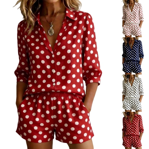 Polka Dot Two Piece Set for Women, Long Sleeve Button Down Shirt & Elastic Waist Shorts - Casual Summer Vacation Outfit with Pockets Navy L