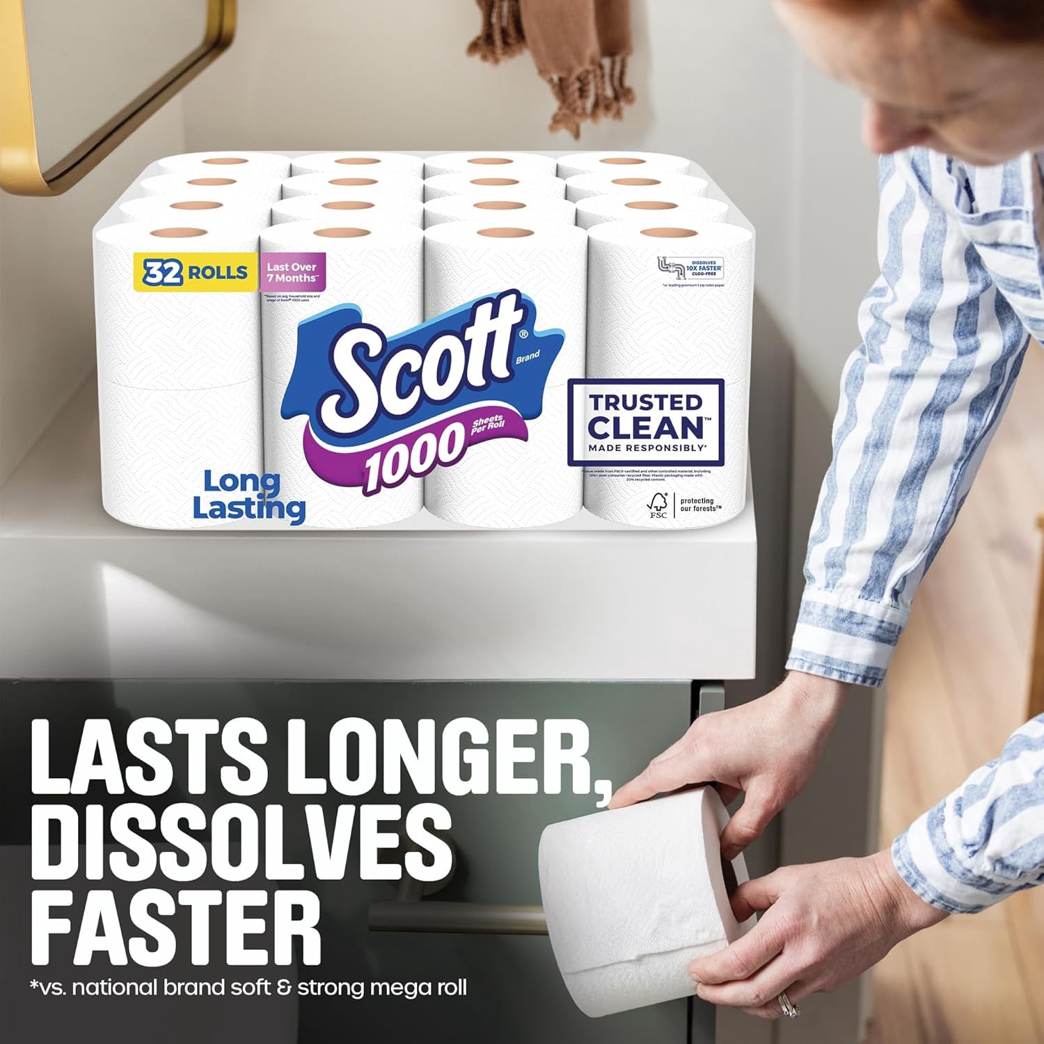 1000 Trusted Clean Toilet Paper, 32 Rolls, Septic-Safe, 1-Ply Tissue