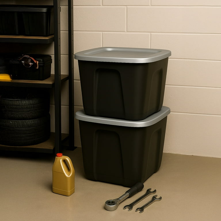 Homz 6610BKTS.10 10 Gal Molded Plastic Storage Bin with Lid 2pk