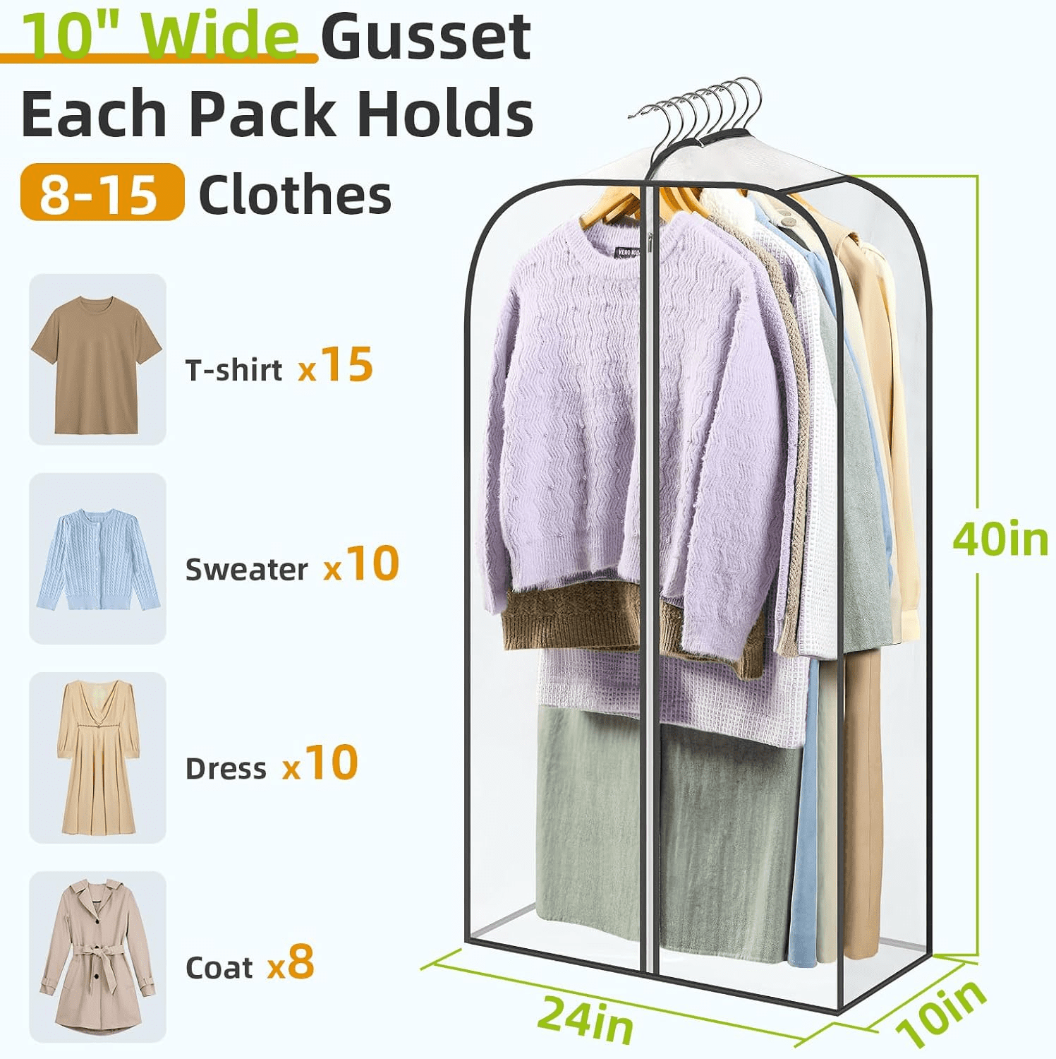 6 Pack Clear Hanging Garment Bags, 40 Inch Dust-Proof Garment Covers With Full Zipper, Transparent Clothes Storage Organizer For Suits, Dresses, Shirts, Closet & Travel