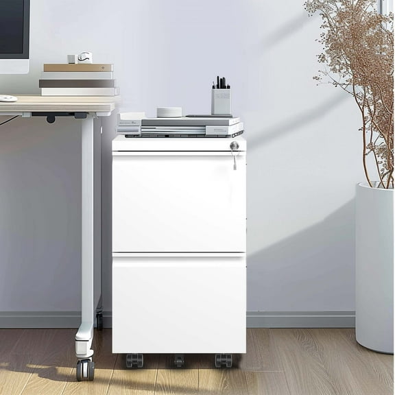2 Drawer Mobile File Cabinet with Lock, Commercial Vertical Cabinet, Under Desk Storage Cabinet with 5 Wheels & Embedded Handle for Home Office