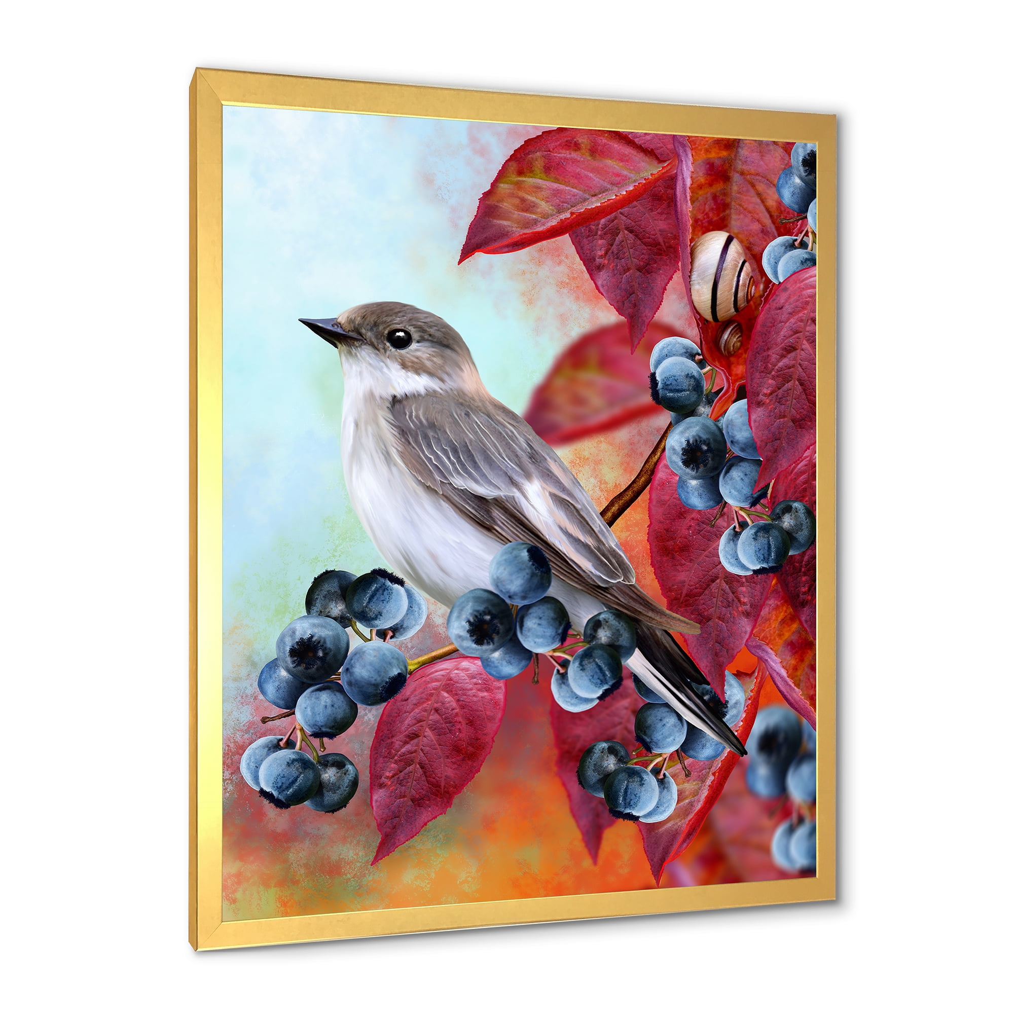 Designart 'Close Up Little Gray Bird On Red Autumn On Blueberry Twig' Traditional Framed Art Print