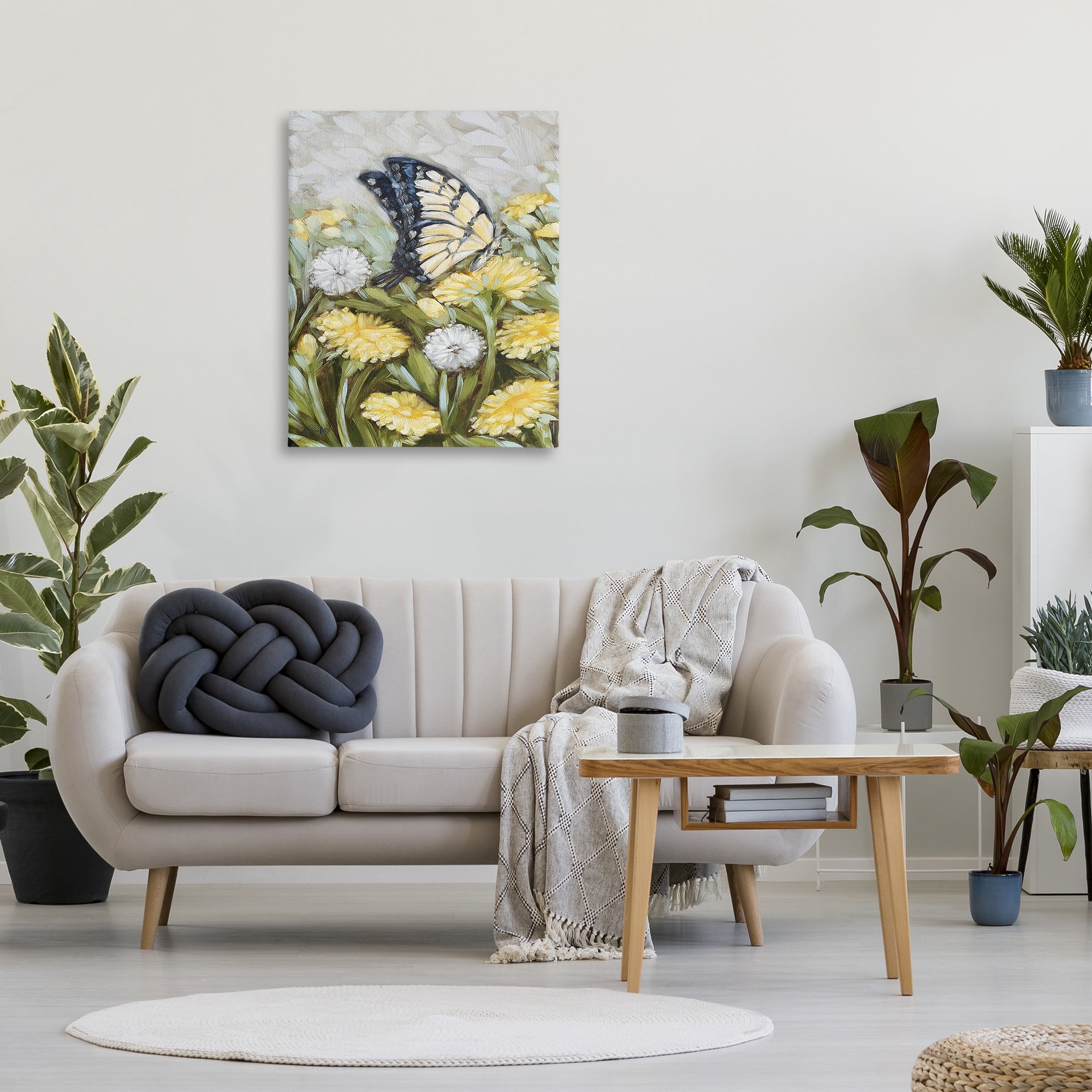 Stupell Industries Butterfly & Yellow Daisies Botanical & Floral Painting Gallery Wrapped Canvas Art Print Wall Art, 30 x 40