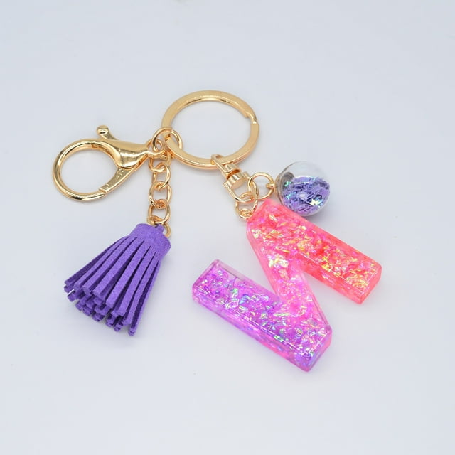 Hangs 2 Resin Glittering Letter Keychain with Color Stitching Flowing Design Purple Drop Glue English Character Key Chain for Daily Use