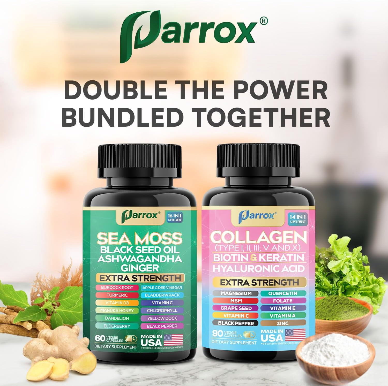 Parrox Radiant Wellness Bundle -Sea Moss, Black Seed Oil, Ashwagandha, Ginger, Collagen Types I II III V X, Biotin, Keratin, Hyaluronic Acid, Burdock Root, Turmeric, Vitamin D3, Magnesium (3 Pack)