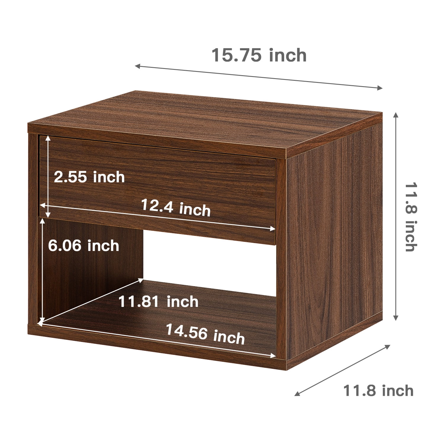 Topcobe Modern Floating Nightstand Set of 2, 1-Drawer Wooden Bedside Table  with Open Shelf, Walnut