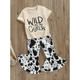 thumbnail image 3 of Suealasg Little Girls Summer Outfits 1T 2T 3T 4T 5T Kids Girls Short Sleeve Letter Print Tops Cow Print Flared Pants Sets Toddler Girls Pants Sets, 3 of 7