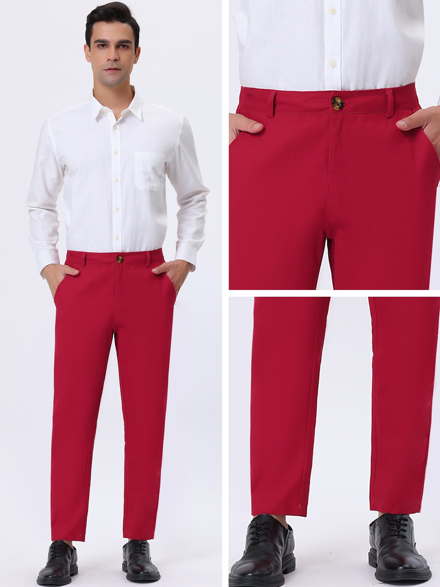 Unique Bargains Men's Solid Color Slacks Straight Fit Flat Front Chino Dress Pants 32 Red
