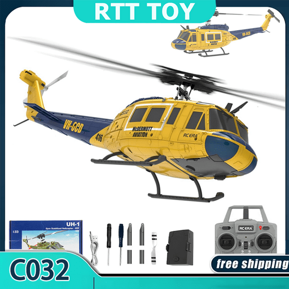 RC ERA C032 UH-1 Huey RC Helicopter, 6CH 2.4G Flybarless Helicopter with 6-Axis Gyro, Altitude Hold, 3D Inverted Flight, Optical Flow Positioning, 1/48 Scale Aircraft Model for Adults