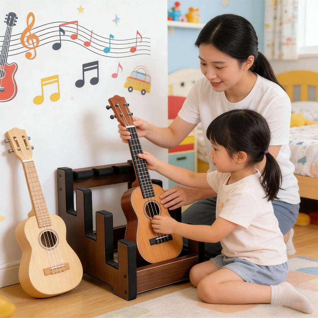 Space Saving Guitar Rack Wood Construction Stores Electric Bass Guitars Securely Soft Padding Prevents Scratches