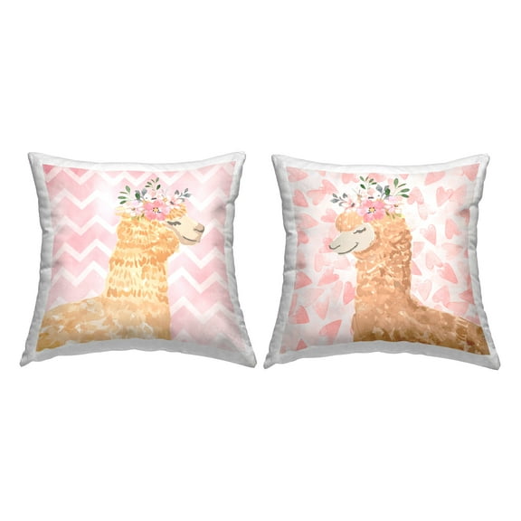 Stupell Industries Pastel Patterned Alpaca Pink Floral Crown Design by ND Art Throw Pillow (set of 2)