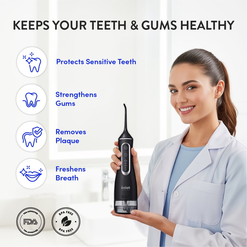 Éclat Portable Electric Waterproof Water Flosser for Deep Teeth Cleaning - 320ML Double Tank, USB-C Rechargable, Long Lasting 30 Day Charge, 4 Accessories Included BPA Free (Black)
