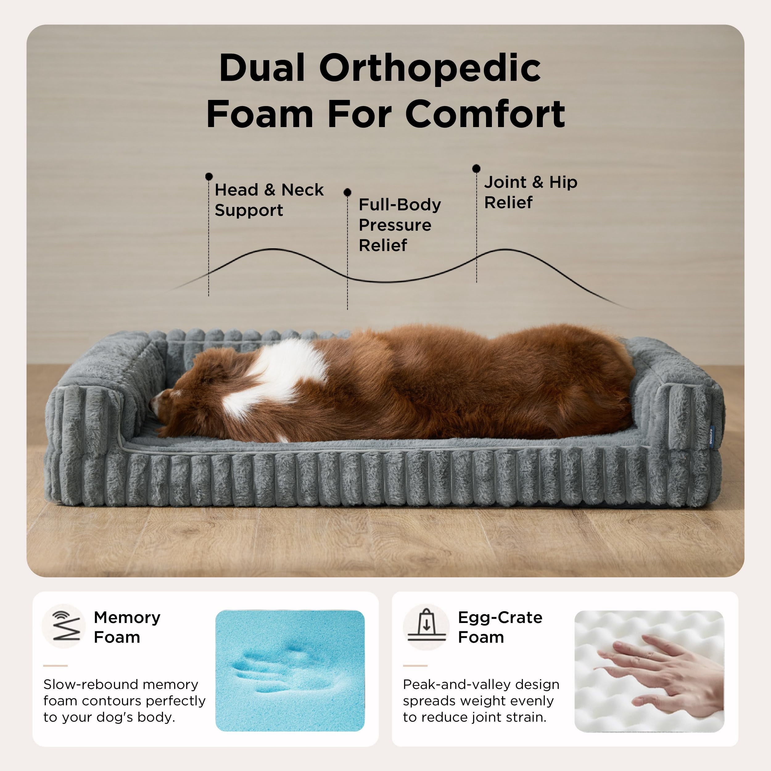 U By Bedsure Comfy Fleece Orthopedic Medium Dog Bed, Waterproof Egg-Crate Foam Pet Couch Sofa with Sides, Non-Slip Base, and Washable Corduroy Cover, Gray