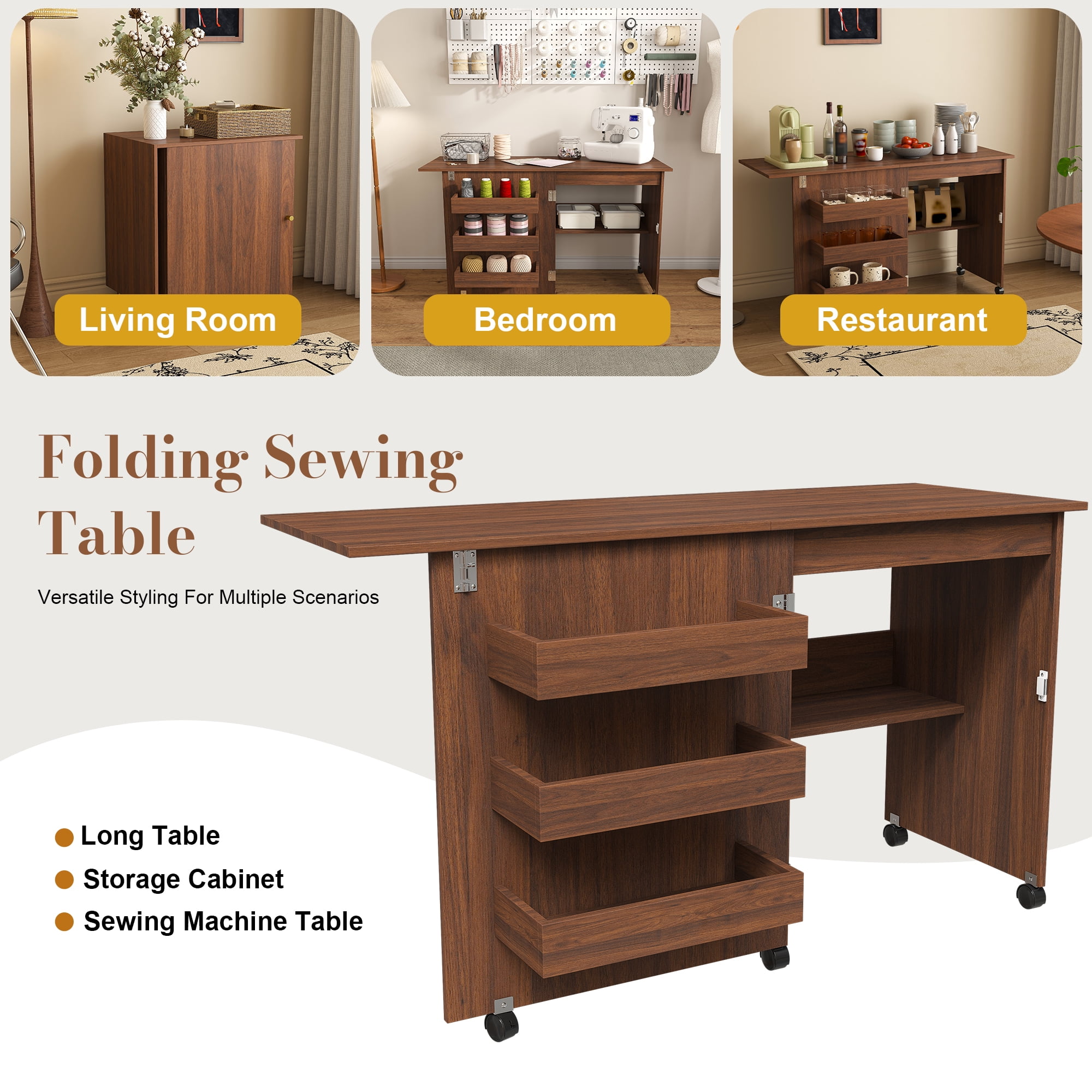 4-in-1 Folding Sewing Table with Storage 5 Wheels for Craft Room Bedroom Living Room
