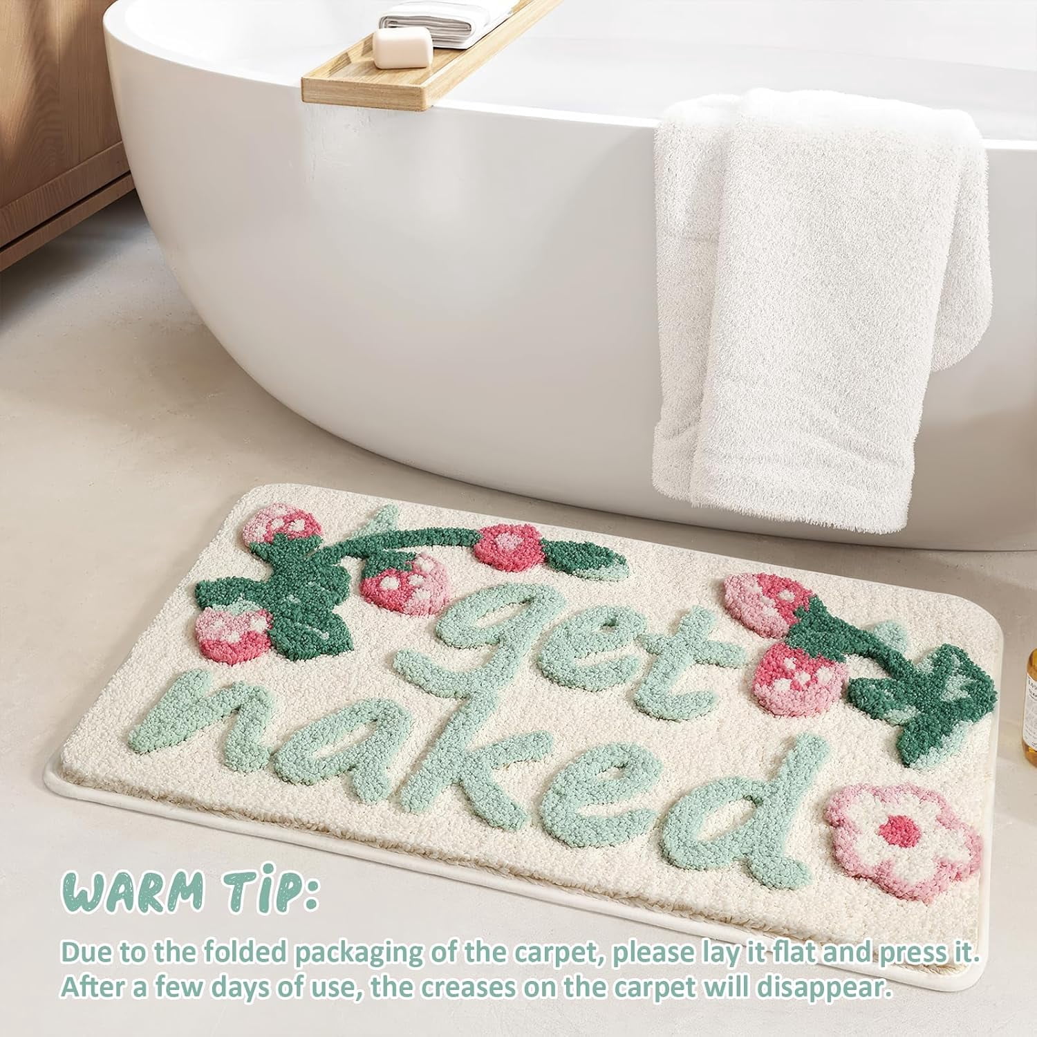 Get Naked Bath Mat, Cute Floral Bathroom Mat Green Leaves Bath Mat, Extra Soft Non Slip Absorbent Bathtub Mat, Machine Washable Fluffy Microfiber Funny Decor Mat for Bedroom Shower 17x30 IN