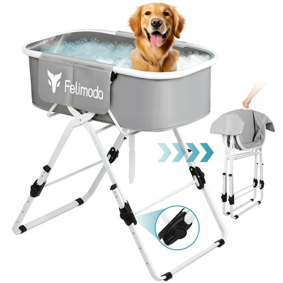 FELIMODA Elevated Dog Bathtub, Foldable Pet Washing Station with 5 Adjustable Heights, Portable PVC Dog Bath with Storage, up to 140 lbs, Grey