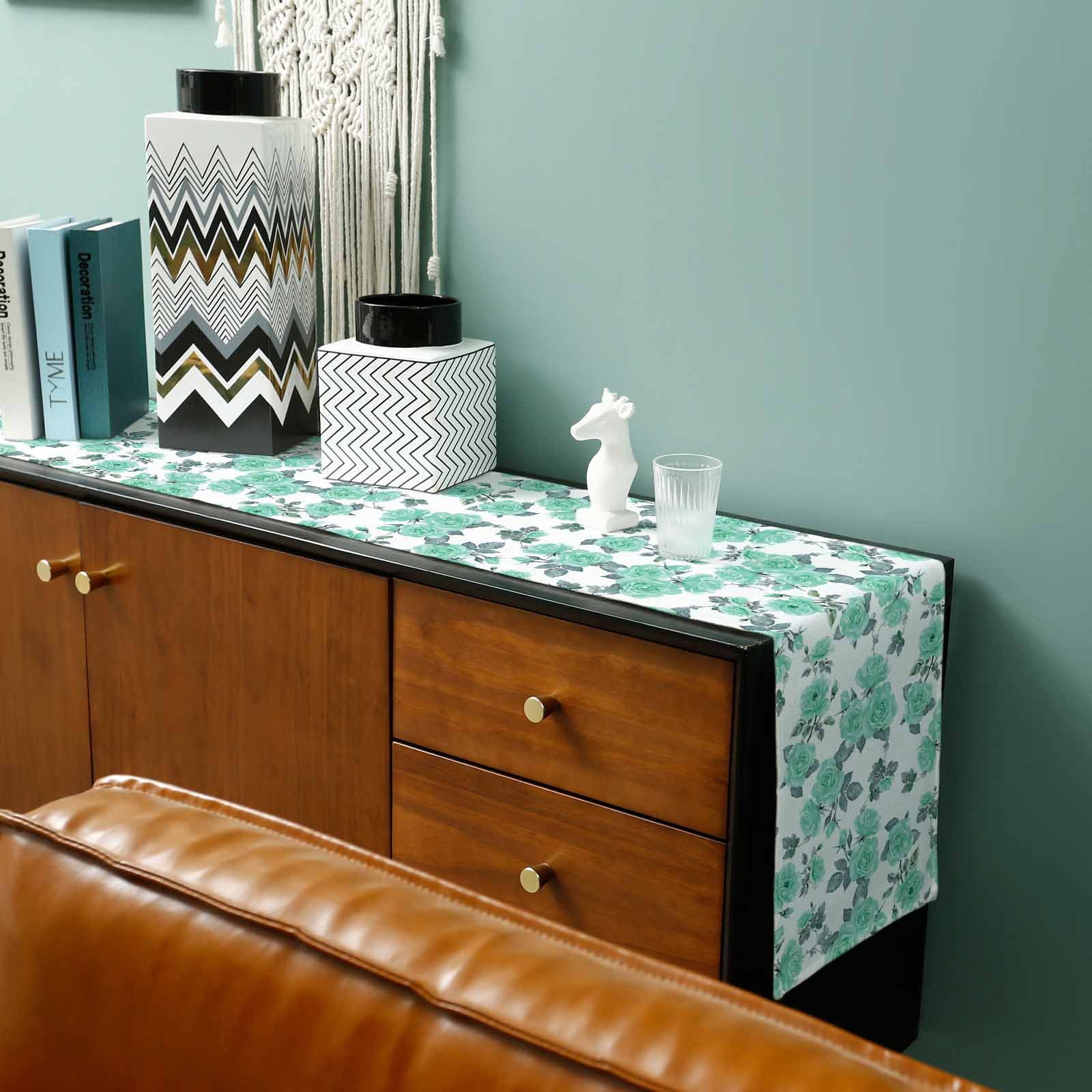 Green Floral Table Runner Cotton Linen 48 Inch Holiday Dresser Scarves, Farmhouse Garden Flowers Botanical Tablerunner for Kitchen Coffee Dining Bedroom Home Living Room Dinner Scarf Décor 13''x48''