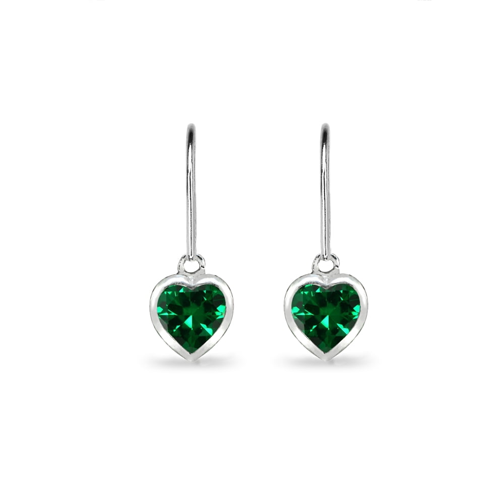Simulated Emerald 6mm Heart Bezel-Set Dangle Leverback Earrings in Sterling Silver
