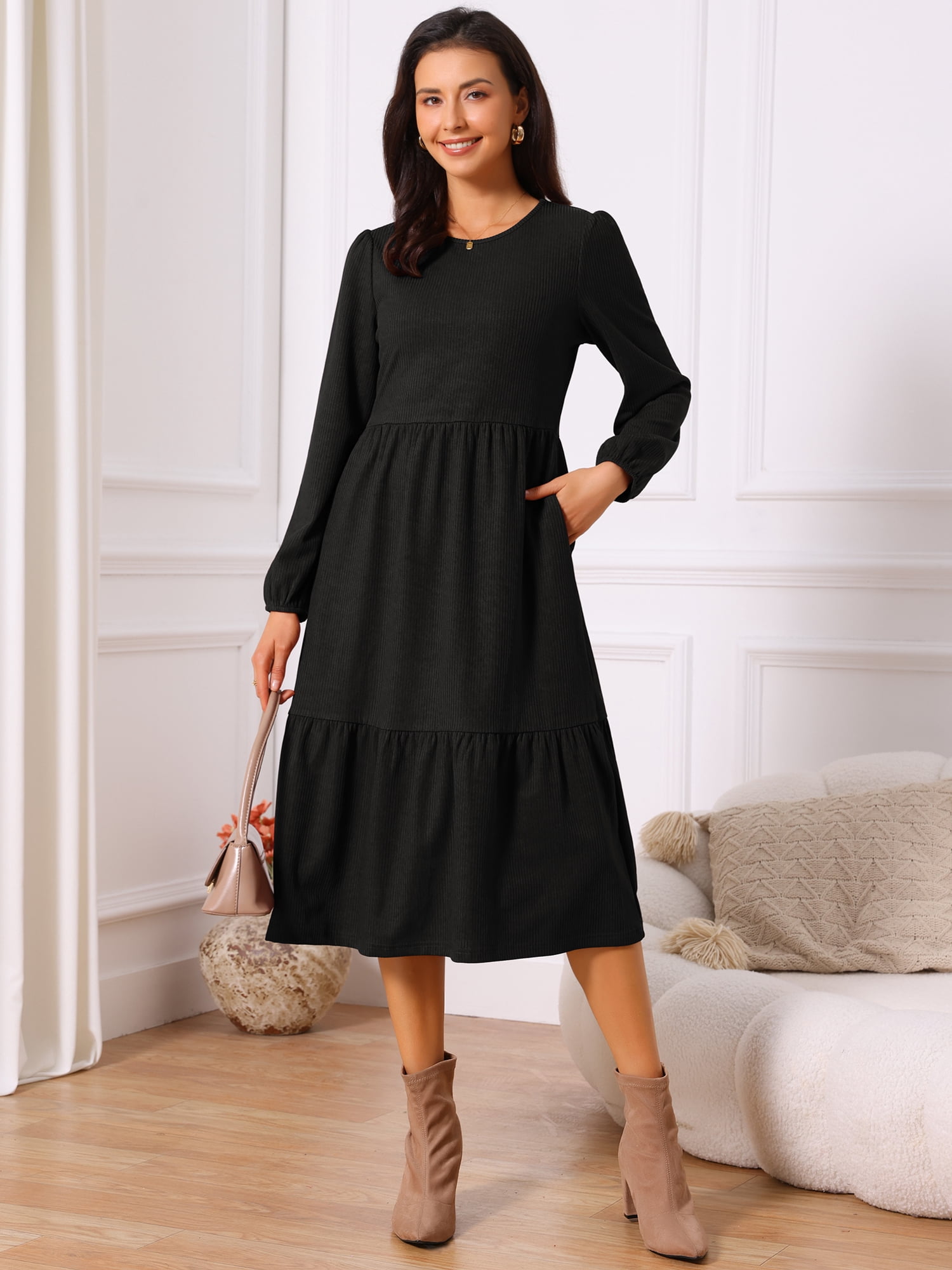 DARING DIVA Tiered Long Sleeve Round Neck Knit A-Line Midi Dress L Black