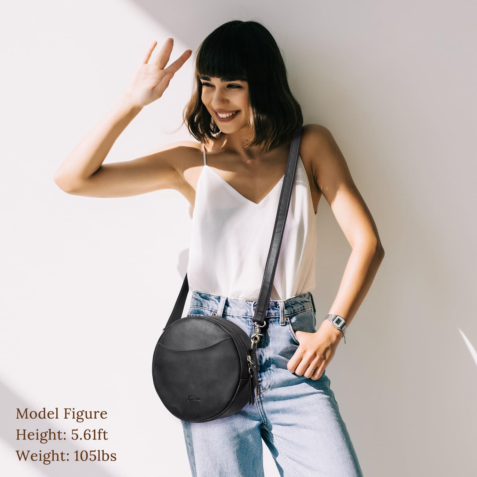 S-ZONE Leather Crossbody Bags for Women Trendy Circle Cross Body Shoulder Bag Designer Round Purses