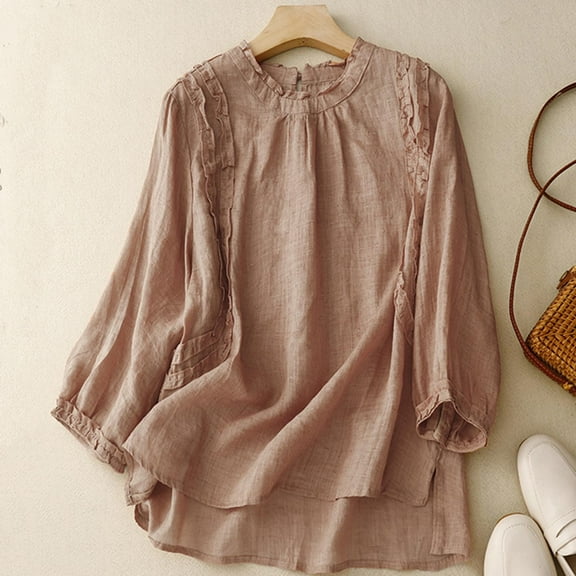 Usmixi Long Sleeve Tops for Women Fall Ladies Round Neck Loose Vintage Lightweight Cotton Linen Pullover Blouses Shirts Winter Long Sleeve Solid Casual Long Sleeve Tops Tops