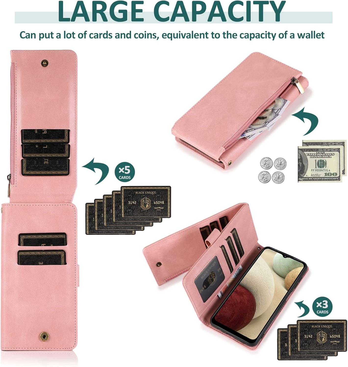 Compatible with Samsung Galaxy A12/M12 Wallet Case Tempered Glass Screen Protector Zipper Leather Flip Cover Card Holder Cell Phone Cases for Glaxay A 12 5G Gaxaly A-12 S12 12A 4G Women Rose Gold