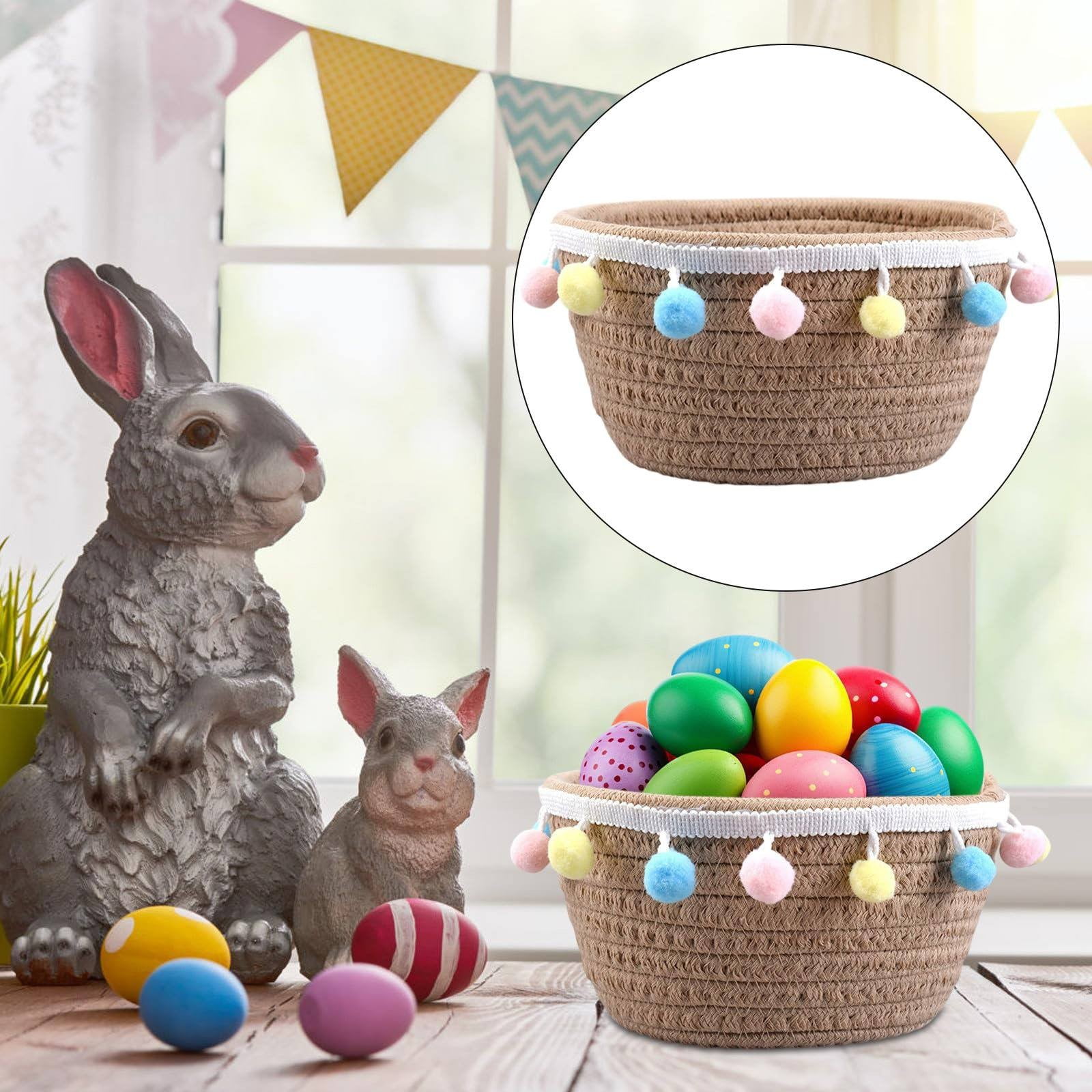 Piwvid Woven Easter Basket with Pompoms - Decorative Round Sundries Organizer | Portable Easter Egg Storage & Bedroom Decor | Handmade Cute Girls’ Holiday Display Tray
