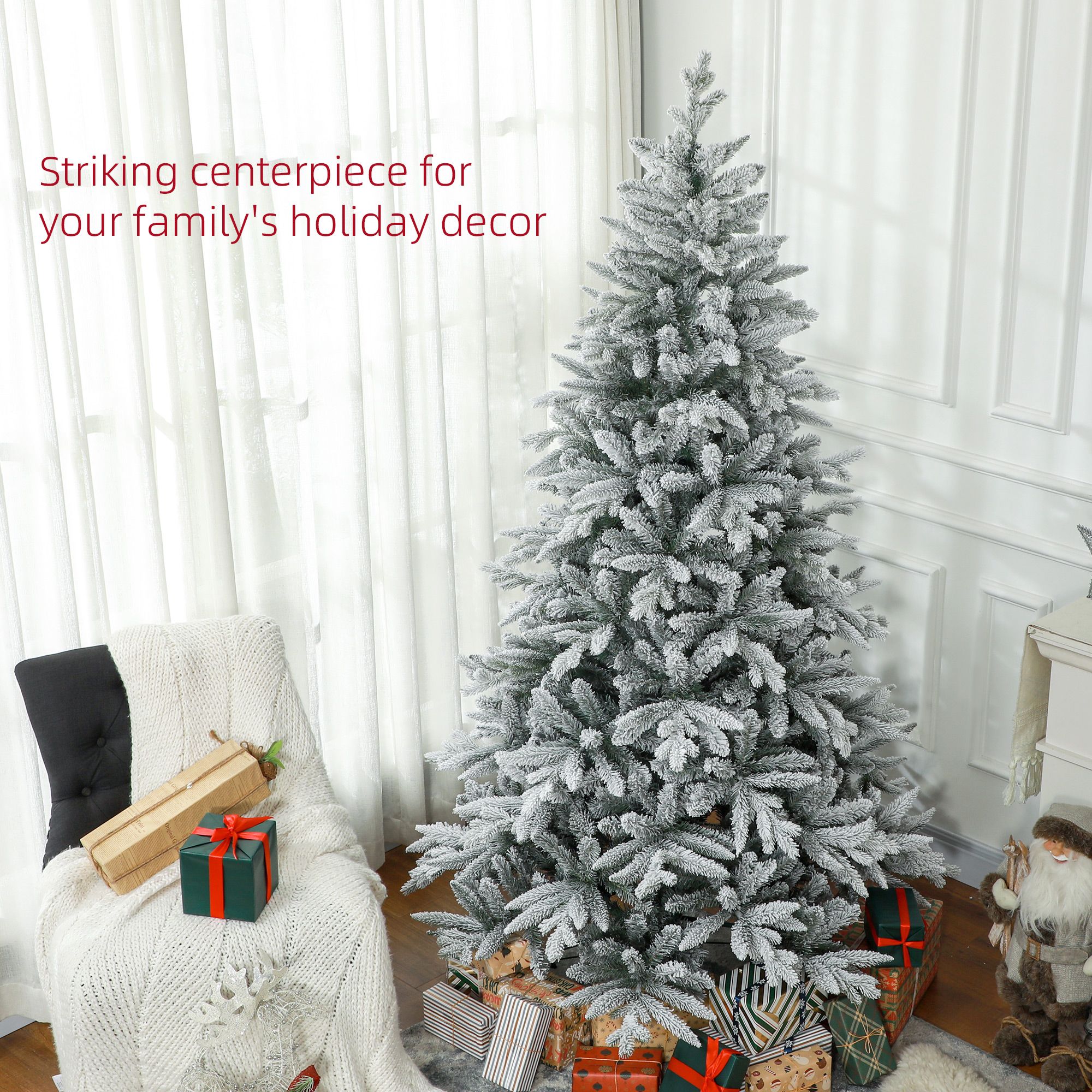 7 ft Artificial Flocked Christmas Tree with Snow Tips, Hinged Branches, 1401 Tips, Indoor Holiday Decor for Home and Office