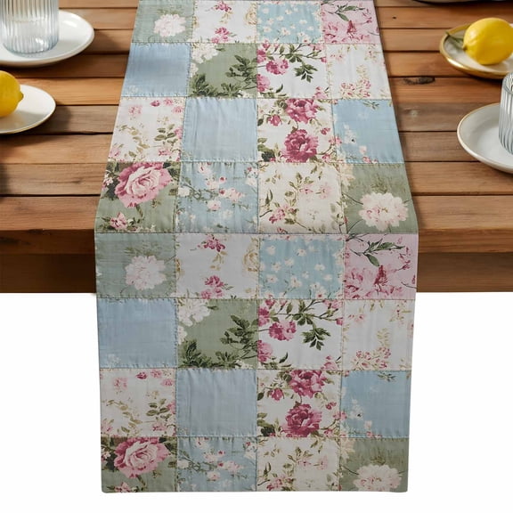 Green Blue Pink Botanical Cotton Linen Table Runner for Dining Kitchen, Spring Floral Vintage Wedding Outdoor Party Tablerunners Decoration, Dresser Scarf Coffee Tablecloth Runners 13x90 Inches